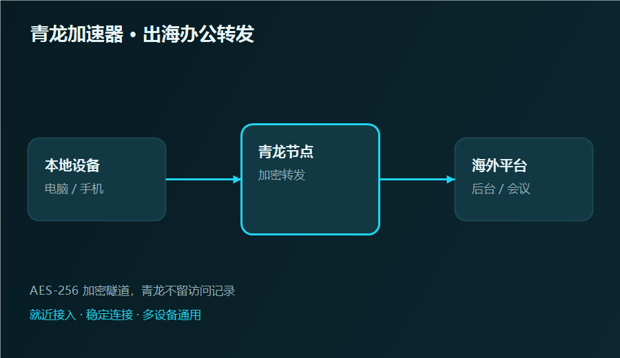 青龙加速器出海办公场景示意，本地数据经青龙节点加密转发到海外平台